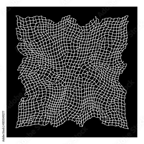 White distorted grid pattern on black background creating a visually interesting abstract design element