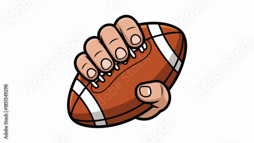 An animated human hand firmly clasps a brown American football with white stitching, ready for a play
