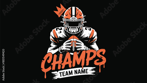 An illustration of an American football player in a helmet and uniform holding a football with a crown and text