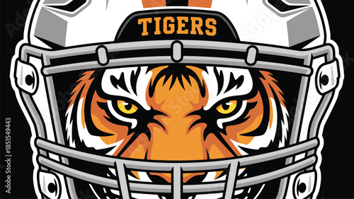 An intense vector depiction of a football helmet featuring a roaring tiger face against a dramatic black background