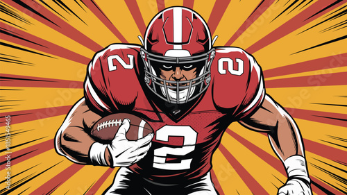 An intense American football player in a red uniform charges directly forward holding the ball