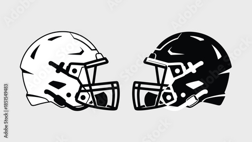 Black and white football helmets depicted side by side on a plain light gray surface