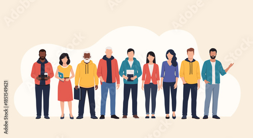 Diverse group of people of different ages and ethnicities standing together, representing community, society, and teamwork concepts.