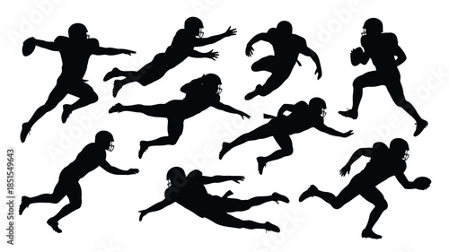 Collection of American football player silhouettes performing various dynamic actions on a clean white background