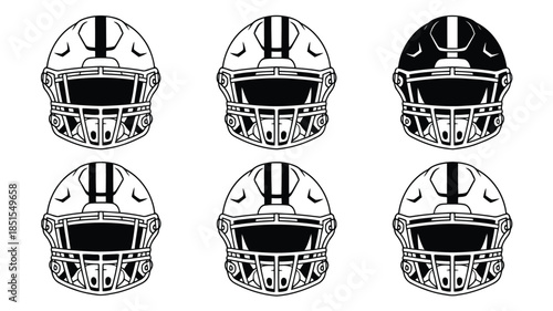 Collection of black and white American football helmets in various line styles and solid fill versions