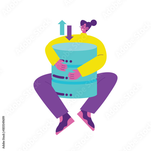 Stylized person embracing a cylindrical database server.