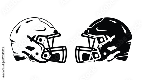 Distinct black and white American football helmets in opposition, symbolizing sports rivalry and team play