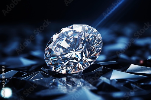 Diamond sparkling with facets reflecting light against a shimmering dark background