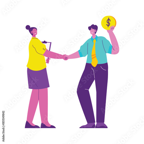 Two business people shaking hands holding coin and clipboard.