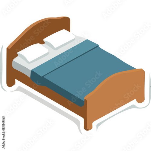 Isometric Wooden Bed with Blue Duvet and White Pillows