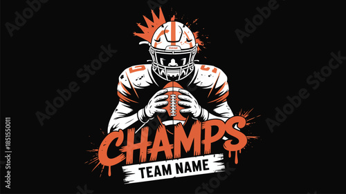 Dynamic illustration of an American football player wearing a helmet holding a ball with CHAMPS text and an explosion