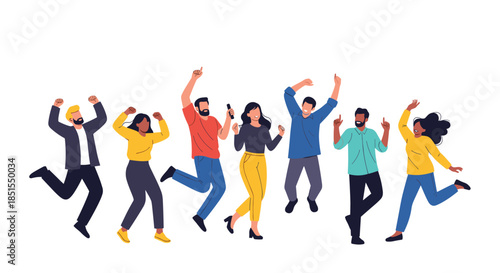 Group of diverse and happy young people jumping and dancing together, celebrating a victory or enjoying a party with excitement.