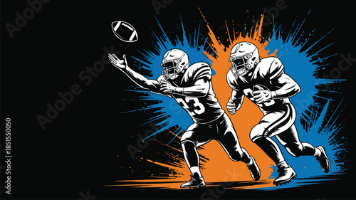 Dynamic illustration of two American football players in action with vibrant blue and orange paint splatters