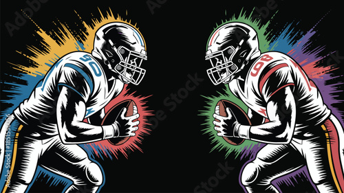 Dynamic illustration of two helmeted football players with numbers 50 and 83 facing off