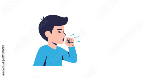 Young man coughing or sneezing into his fist, illustrating a common symptom of a cold, flu, or other respiratory illness.