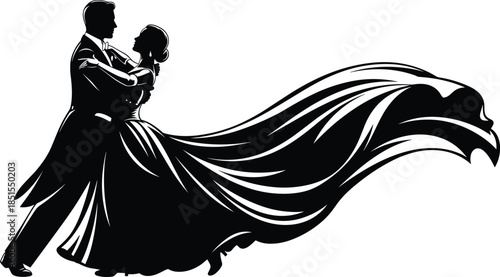 Dancing couple silhouette vector, elegant ballroom pose, flowing gown motion, romantic black illustration, graceful dance design, isolated on white background