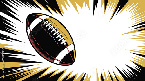 Energetic illustration of an American football flying against a dynamic comic book starburst background