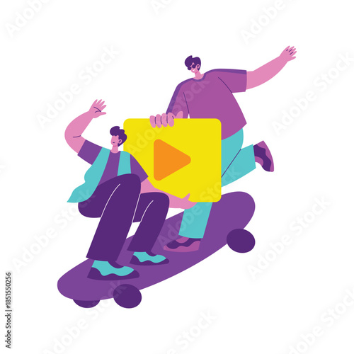 Two Young Skateboarders Performing Trick With Play Icon.