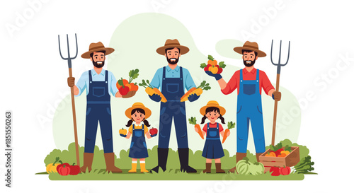 Set of farmers, including a man in three different poses and a little girl, holding fresh vegetables from the harvest.