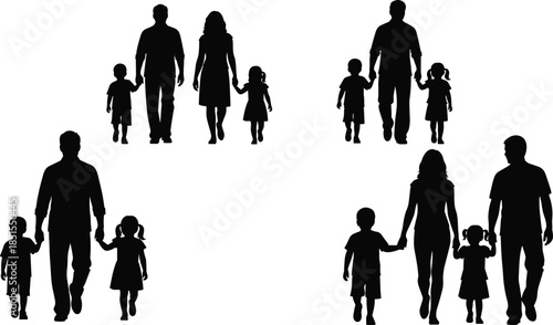 Family silhouette vector, parents with children, black illustration, unity and love, group pose, nuclear family concept, minimal design, emotional bond