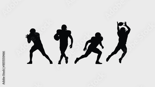 Four distinct black silhouettes of American football players in various action poses on a light background