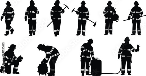 Firefighter silhouette set showing emergency rescue poses, fireman equipment actions, protective gear outlines, isolated black vector illustration collection for safety training design