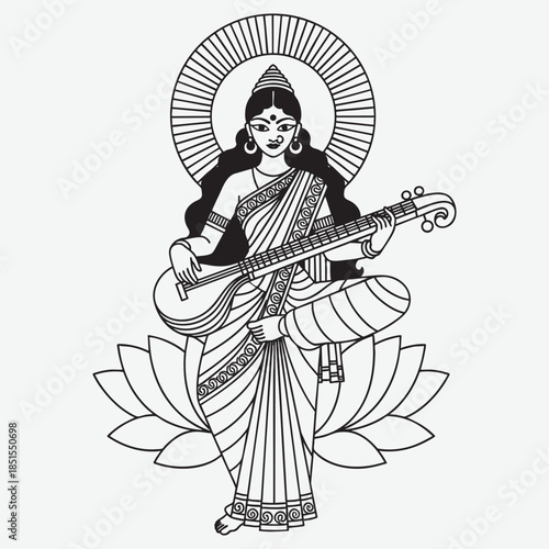 Indian Goddess Saraswati playing Veena on Lotus flower line art Hindu