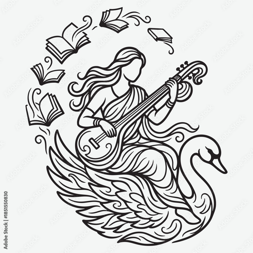 Fototapeta premium Saraswati goddess on swan playing veena with flying books hindu hinduism