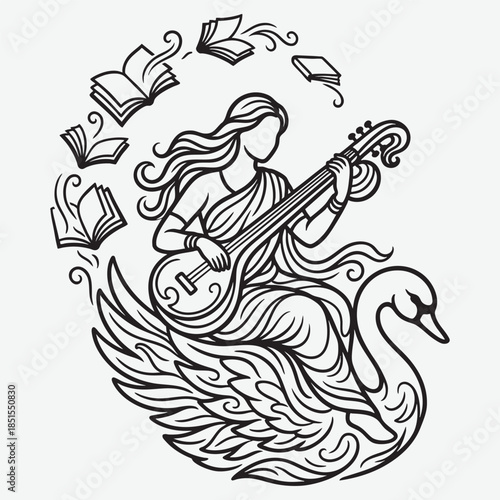 Saraswati goddess on swan playing veena with flying books hindu hinduism