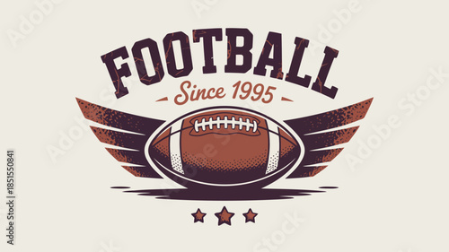 Grungy retro football emblem with a winged ball and Football Since 1995 text and stars below
