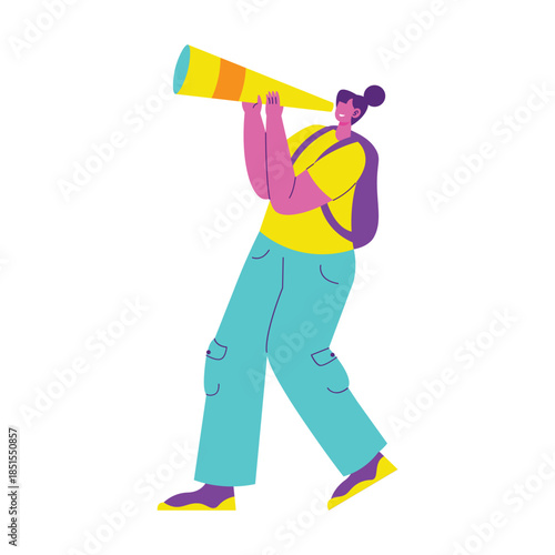 Young person with backpack looking through telescope.