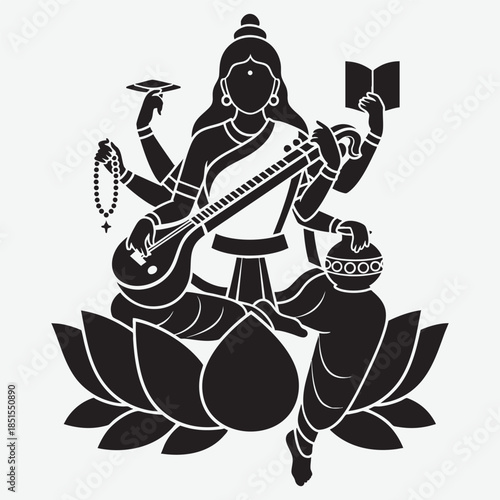 Saraswati goddess playing veena with mala book and lotus hindu hinduism