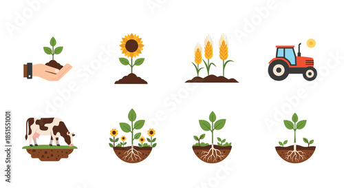 Set of eight flat design icons related to agriculture and farming, including a tractor, cow, crops, and growing plants.