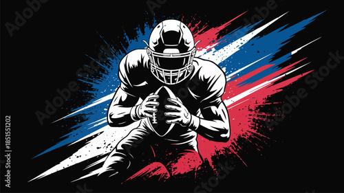 Powerful American football player holding a ball against a dramatic background of red white and blue splatters