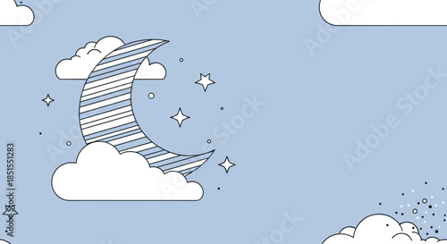 Minimalist line art background of a night sky with a crescent moon, clouds, and stars, in a calming pastel blue color.