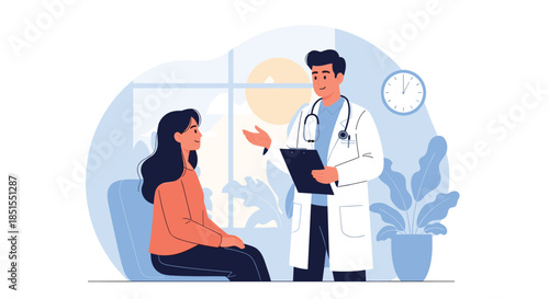 Friendly male doctor in a white coat consulting with a female patient in his office, explaining a diagnosis or treatment plan.