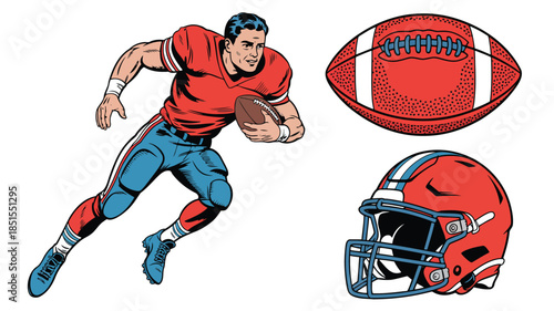 Smiling American football player runs with the ball near a helmet and an overhead football