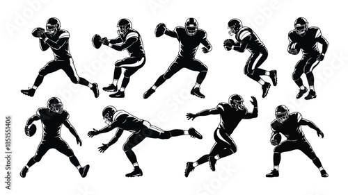 This collection features multiple black and white illustrations of American football players in dynamic action poses