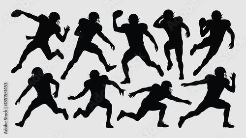 This image displays nine black silhouettes of American football players performing various athletic actions