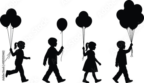 Group of children silhouette walking and running with balloons, little boys and girls holding balloon bunches, isolated on white background, vector illustration.
