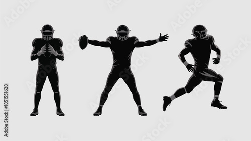 Two distinct American football helmets one white outline and one solid black on a light grey surface