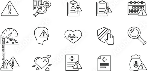 Collection of linear icons for risk management, safety warning, health hazard, financial alert, speed performance decline, and important audit document line art.