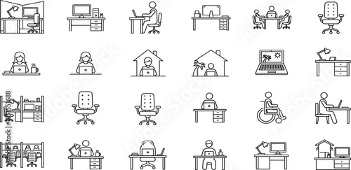 Collection of linear icons representing office workspace, remote work, business people, desks, ergonomic chairs, cubicles, and work-from-home concepts in line art.