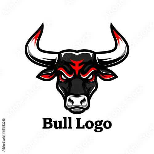 Aggressive black and red bull mascot head logo for esports or sports team on white background