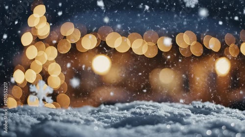 Snowy Night with Christmas Lights and Snowflakes.