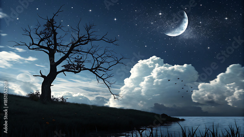 A dramatic night scene featuring a silhouetted, bare tree on a grassy hill overlooking water under a dark blue sky with a crescent moon and bright stars