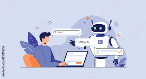 Man working on a laptop receives help from an AI chatbot for searching and validating information online, showing human-robot collaboration.
