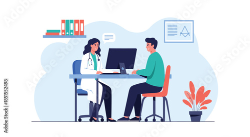 Female doctor sitting at her desk with a computer, having a consultation with a male patient in a modern clinic office.