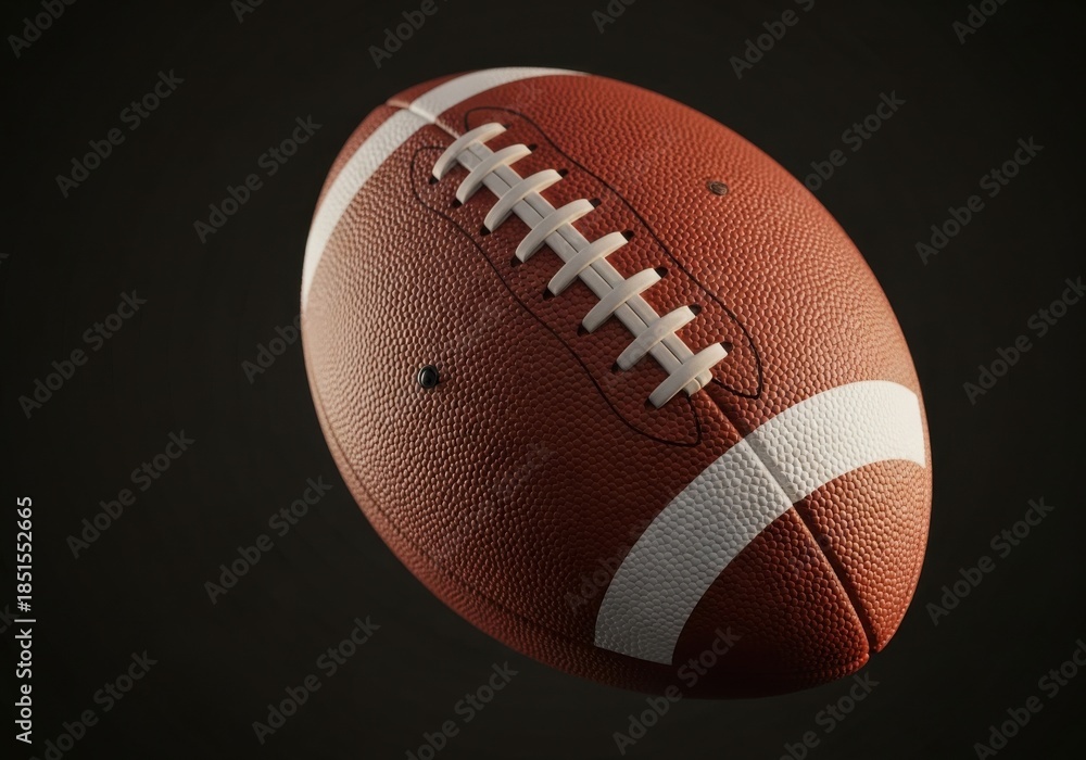Fototapeta premium Professional American Football Floating in Cinematic Light on Black Background, Ready for Championship Game Day Marketing.
