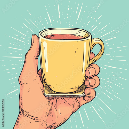 Online drinks delivery concept. Cup of tee or coffee in hand from smartphone. Pop art retro illustration comic style , vector style simple color